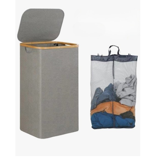 Laundry Basket with Lid, Clothes Hampers for Laundry with Bamboo Handles and A Removable Laundry Bag, Large Foldable Laundry Hamper for Bedroom, Bathroom, Dorm, Laundry Room, White