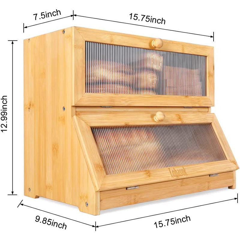Stylish Bread Bin for Kitchen Countertop, Extra Large 2-Shelf Wooden Bread Box with Clear Windows and Air Vents Keeps Bread, Bagels and Rolls Fresh. Self Assembly