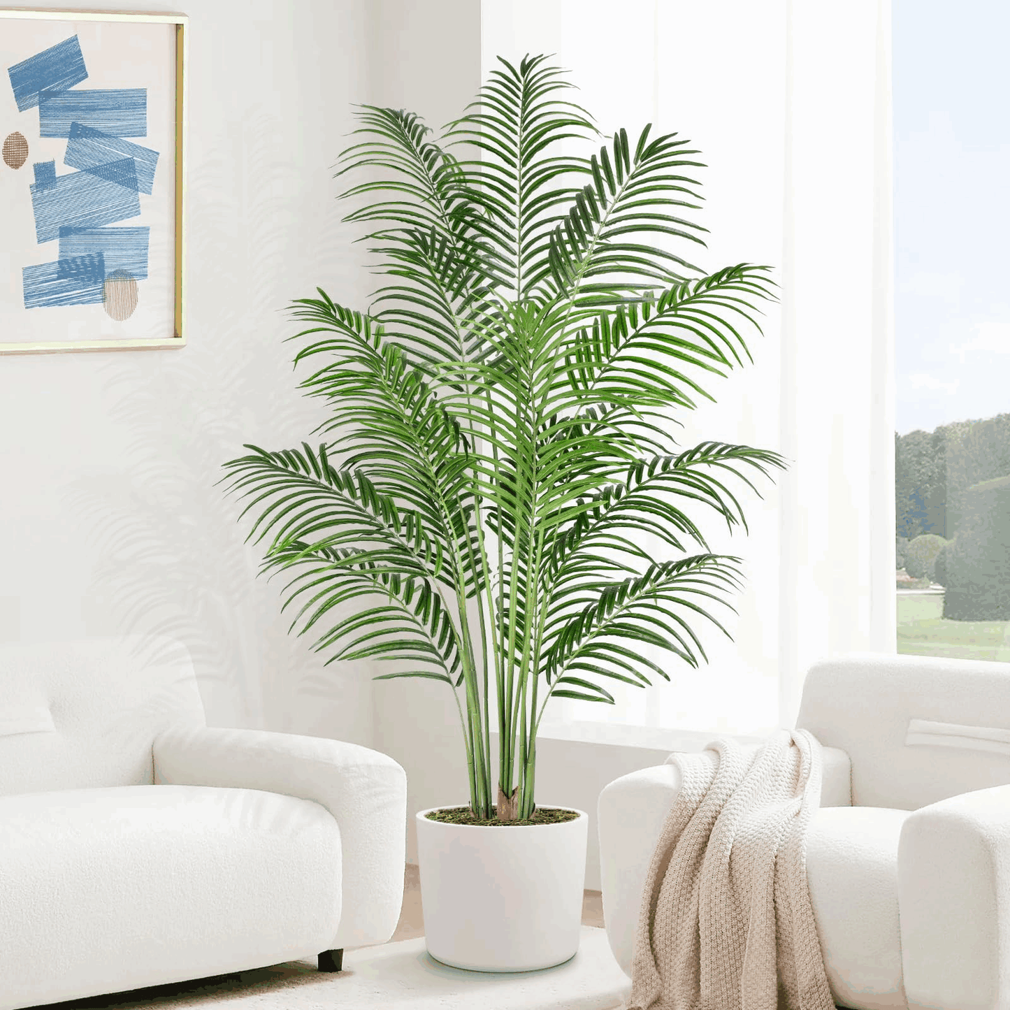 180cm Artificial Palm Tree Indoor Plant Tall Fake Tropical Paradise Palm Tree in Pot with Real Bark Design Faux Areca Palm Tree for Home Office Living Room Bedroom Farmhouse Modern Decor