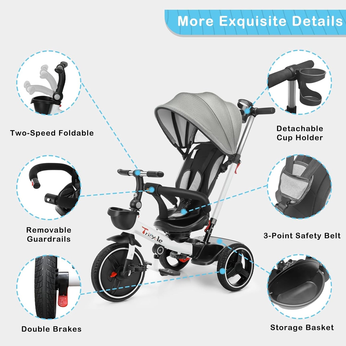 Baby Dreirad mit Schubstange, 6-in-1-Baby-Push-Bike-Lenk-Kinderwagen, Lernendes Kinderdreirad/Abnehmbare Leitplanke, Verstellbares Verdeck, Sicherheitsgurt, Stoßdämpfungsdesign
