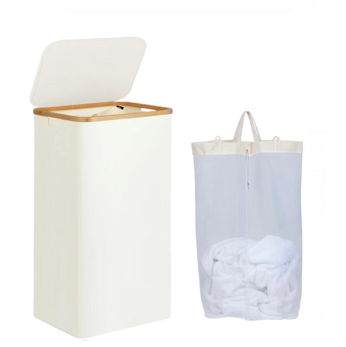 Wäschekorb Mit Deckel, 100L Extra Große Wäschekorb 1 Fächer Schmutzige Kleidung Korb für Wäsche Mit Abnehmbaren Wäschesäcken, Körbe für Schlafzimmer, Waschküche, Beige