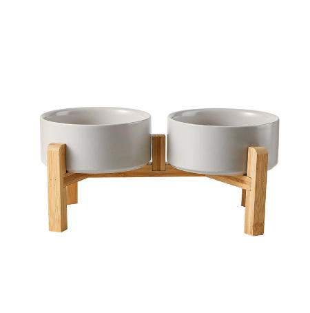 Ceramic dog food bowl with wooden stand - Light gray