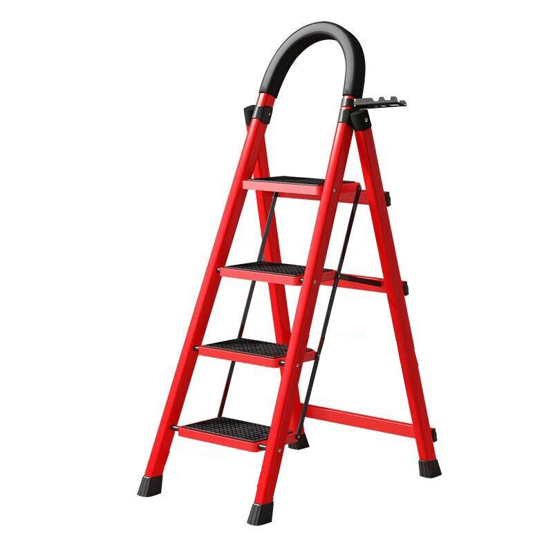 Portable Folding Ladder - Sturdy Metal HerringboneDesign, Extendable indoor/Outdoor Use for Home improvement,Lightweight & Compact Storage, Red-Handled with PlatformSteps, Ladder Foldable