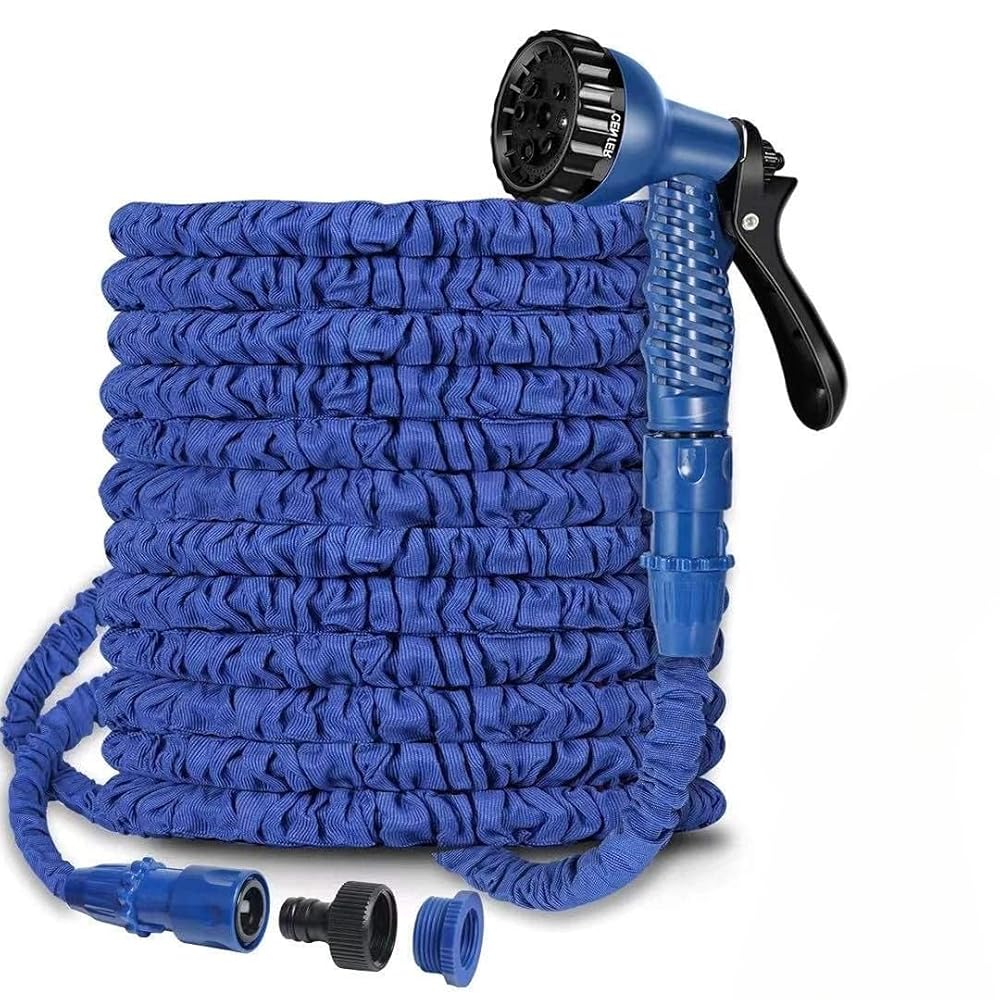 Expandable garden hose, green, with rubber coating.