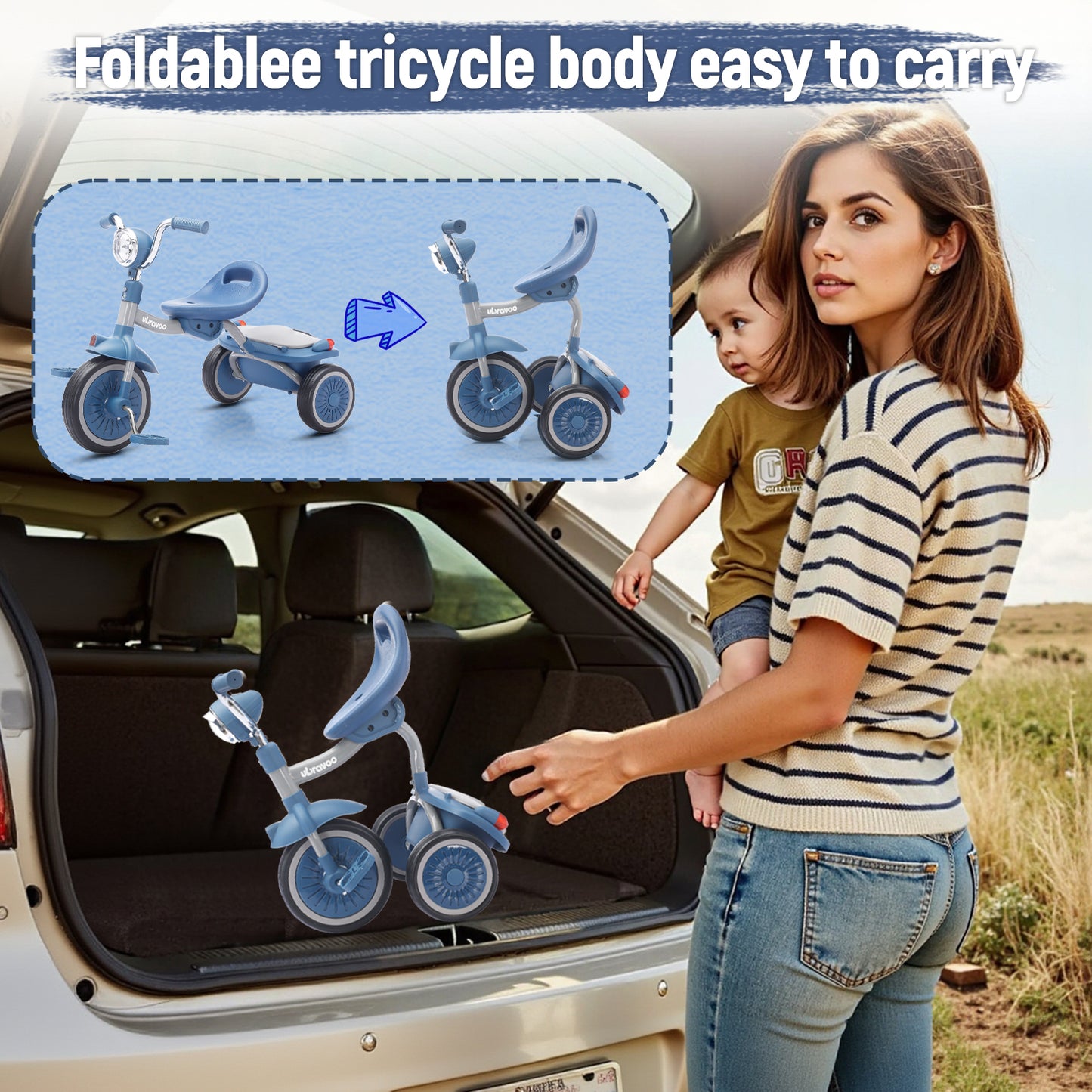 UBRAVOO Baby Dreirad, Klappbares Kleinkind-Dreirad mit Pedalen, Coole Lichter, Robuste Räder und Bequemer Sitz, Baby Erstes Lauflern-Dreirad für 1-5 Jahren im Alter Mädchen und Jungen (Blau)