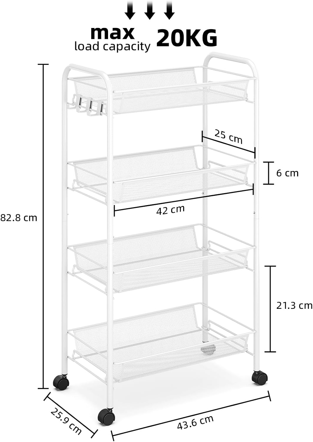 3/4 Tier Mesh Wire Rolling Cart, Kitchen Storage Organizer Utility Cart, Full Metal Basket Storage Art Trolley Carts with Wheels & 4 Side Hooks