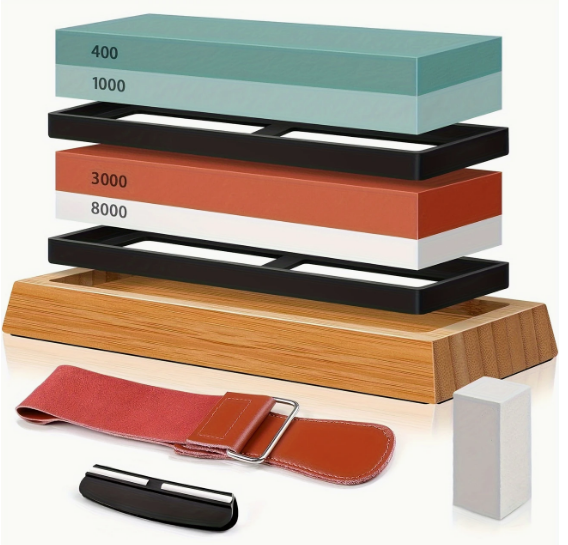 Knife Sharpening Stone Kit - 400/1000 3000/8000 Grit Japanese Whetstone Sharpener Set with Non-Slip Rubber Base Angle Guide Flattening Stone and Leather Strop