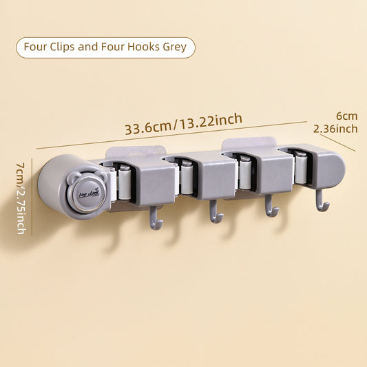 Broom Holder Mop Hanger Wall Mount Metal Organization Garage Storage System Garden Kitchen Tool Organizer (4 Racks with 5 Hooks, Silver)