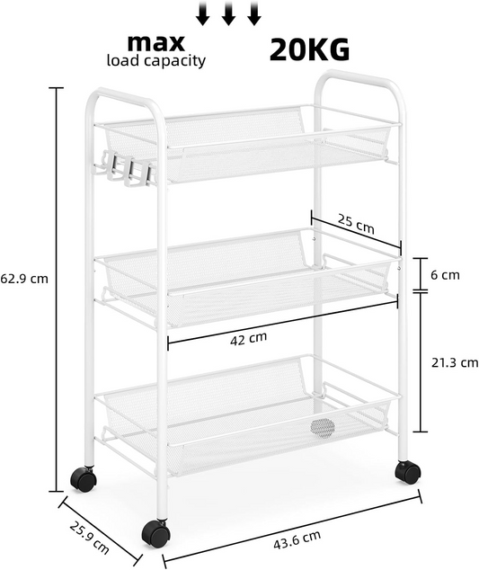 3/4 Tier Mesh Wire Rolling Cart, Kitchen Storage Organizer Utility Cart, Full Metal Basket Storage Art Trolley Carts with Wheels & 4 Side Hooks