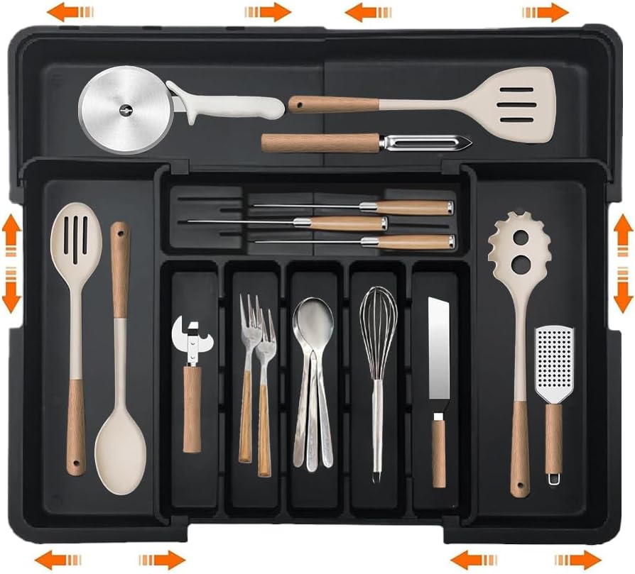 Organizer,Besteckkasten für Schubladen,Küchen Organizer,Verstellbarer Besteckkasten Erweiterbar auf 56 cm Breite (schwarz, messerblock)