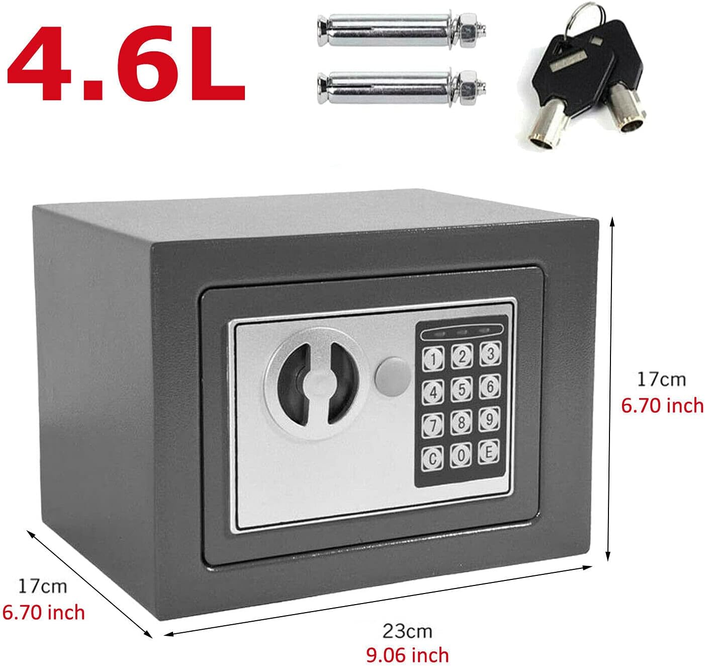 4.6L Digital Steel Safety Box Hotel Safes Electronic Security Large Capacity with Full-digit Keypad/2 Override Key/2 Installing Bolts Wall Floor/(17x23x17cm) for Home Office Money Cash Valuables Grey