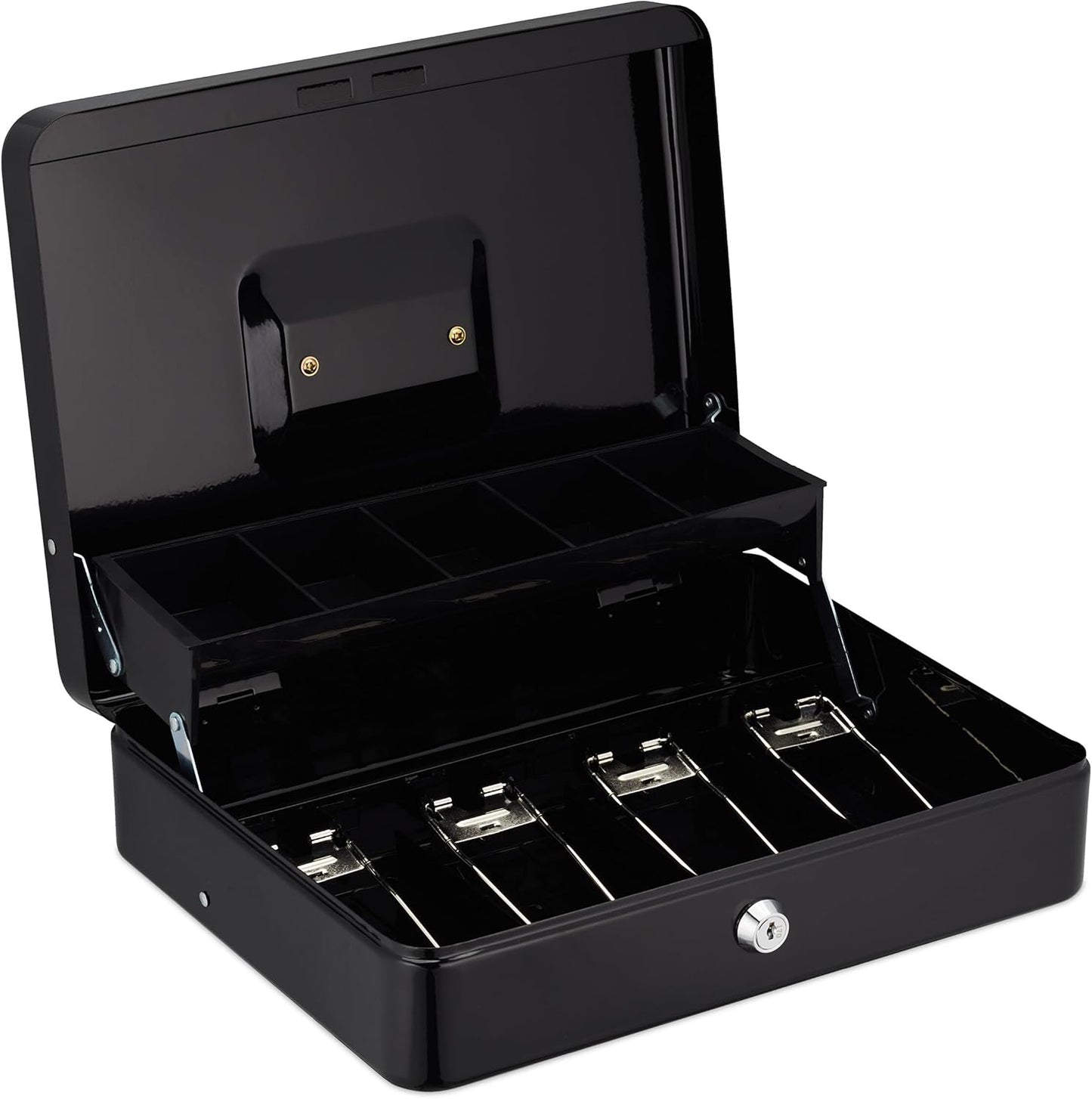 Relaxdays Geldkassette abschließbar, Münzeinsatz & 4 Scheinfächer, Geldkasse Eisen, HxBxT: 8,5 x 30,5 x 24,5 cm, schwarz