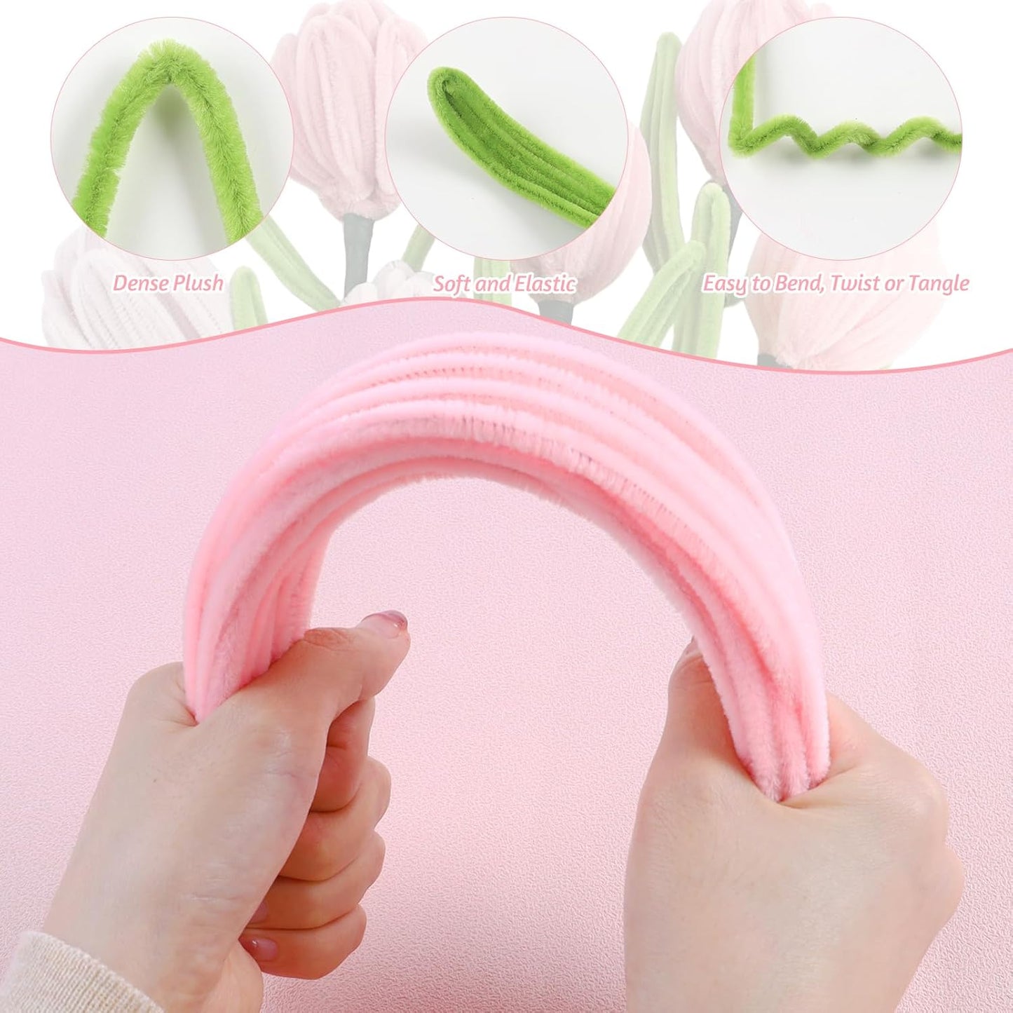 Rosa Tulip Bouquet Pfeifenreiniger Set, 400 Stück Pfeifenputzer zum Basteln 4 Farben Pipe Cleaner mit 20 Stück Grünem Bastelfaden, Geschenkband, Klebeband（Dunkelrosa, Mittelrosa, Hellrosa）