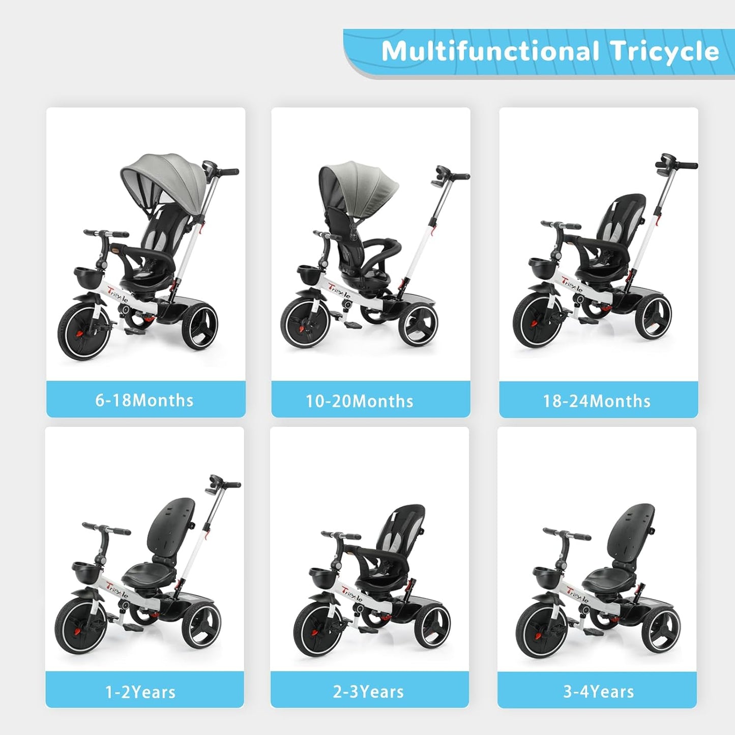 Baby Dreirad mit Schubstange, 6-in-1-Baby-Push-Bike-Lenk-Kinderwagen, Lernendes Kinderdreirad/Abnehmbare Leitplanke, Verstellbares Verdeck, Sicherheitsgurt, Stoßdämpfungsdesign