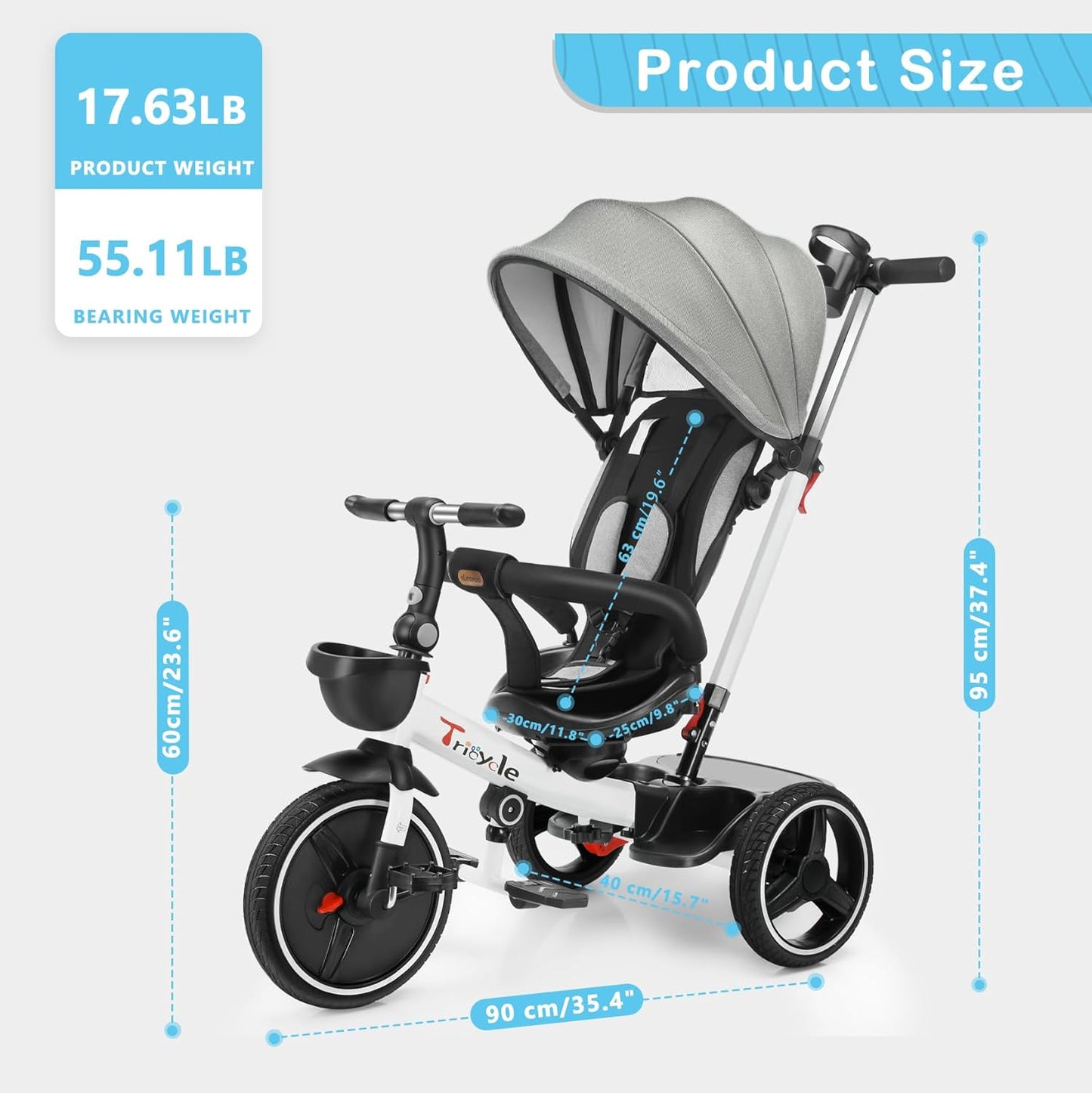 Baby Dreirad mit Schubstange, 6-in-1-Baby-Push-Bike-Lenk-Kinderwagen, Lernendes Kinderdreirad/Abnehmbare Leitplanke, Verstellbares Verdeck, Sicherheitsgurt, Stoßdämpfungsdesign