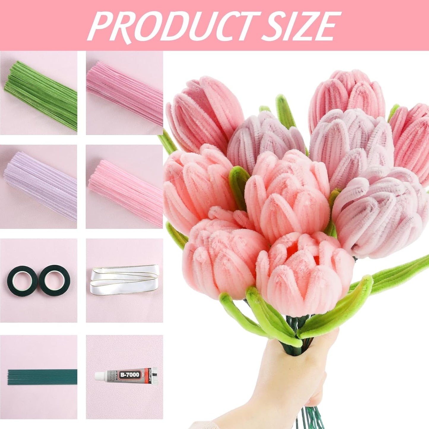 Rosa Tulip Bouquet Pfeifenreiniger Set, 400 Stück Pfeifenputzer zum Basteln 4 Farben Pipe Cleaner mit 20 Stück Grünem Bastelfaden, Geschenkband, Klebeband（Dunkelrosa, Mittelrosa, Hellrosa）