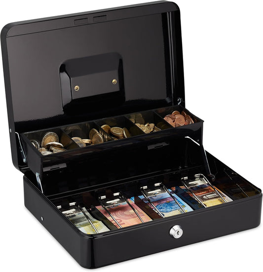 Relaxdays Geldkassette abschließbar, Münzeinsatz & 4 Scheinfächer, Geldkasse Eisen, HxBxT: 8,5 x 30,5 x 24,5 cm, schwarz