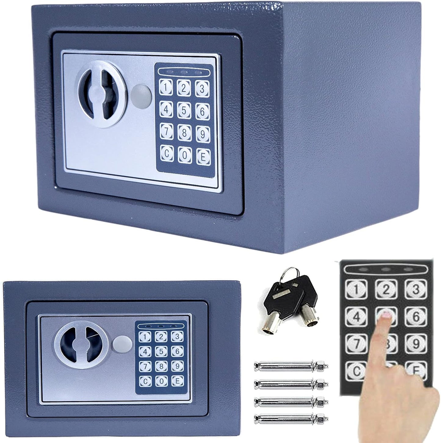 4.6L Digital Steel Safety Box Hotel Safes Electronic Security Large Capacity with Full-digit Keypad/2 Override Key/2 Installing Bolts Wall Floor/(17x23x17cm) for Home Office Money Cash Valuables Grey