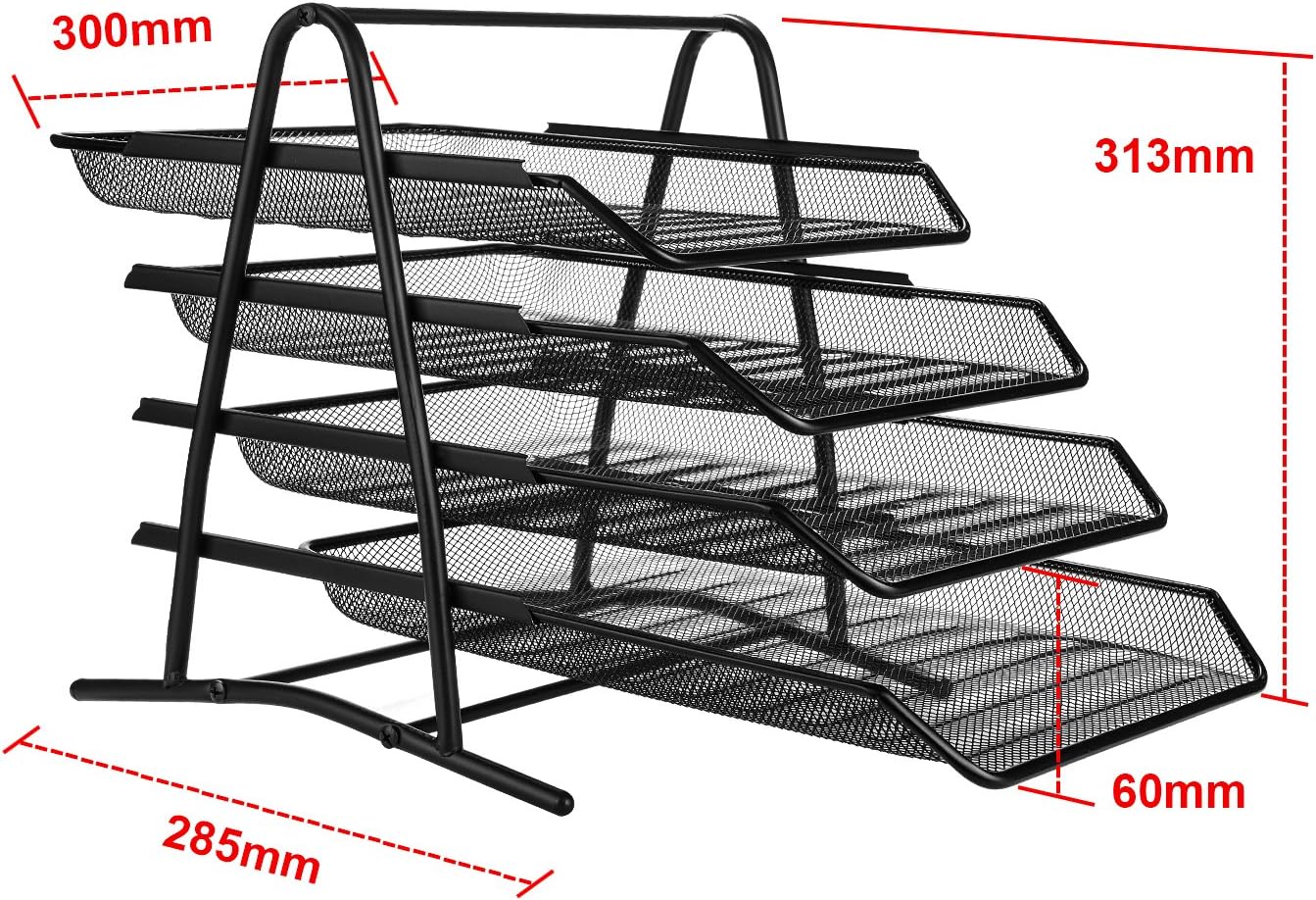 4 Schubfächer Briefablage Organizer, Metall Mesh, Schreibtisch Dokument Brief Ablage für Zuhause & Büro - Schwarz - MEHRWEG