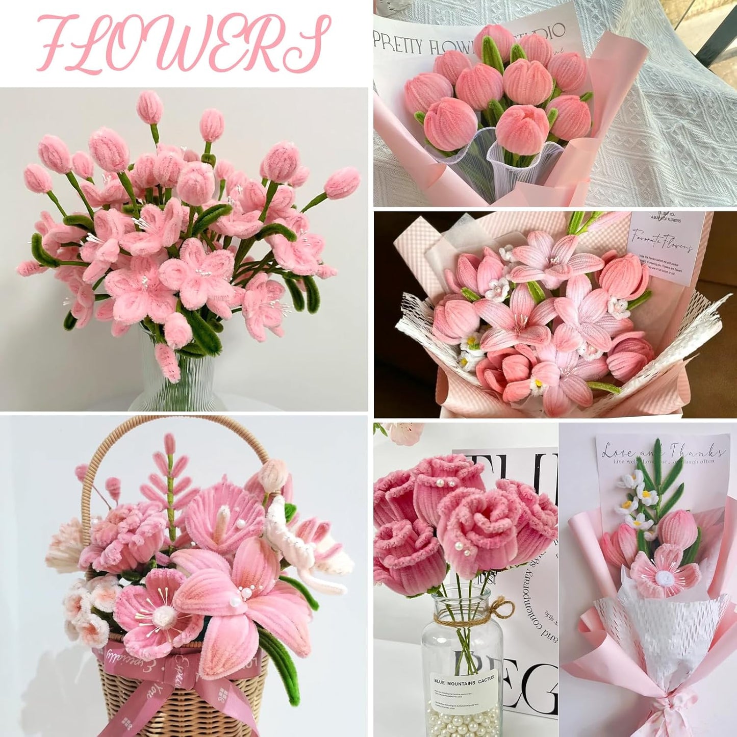 Rosa Tulip Bouquet Pfeifenreiniger Set, 400 Stück Pfeifenputzer zum Basteln 4 Farben Pipe Cleaner mit 20 Stück Grünem Bastelfaden, Geschenkband, Klebeband（Dunkelrosa, Mittelrosa, Hellrosa）