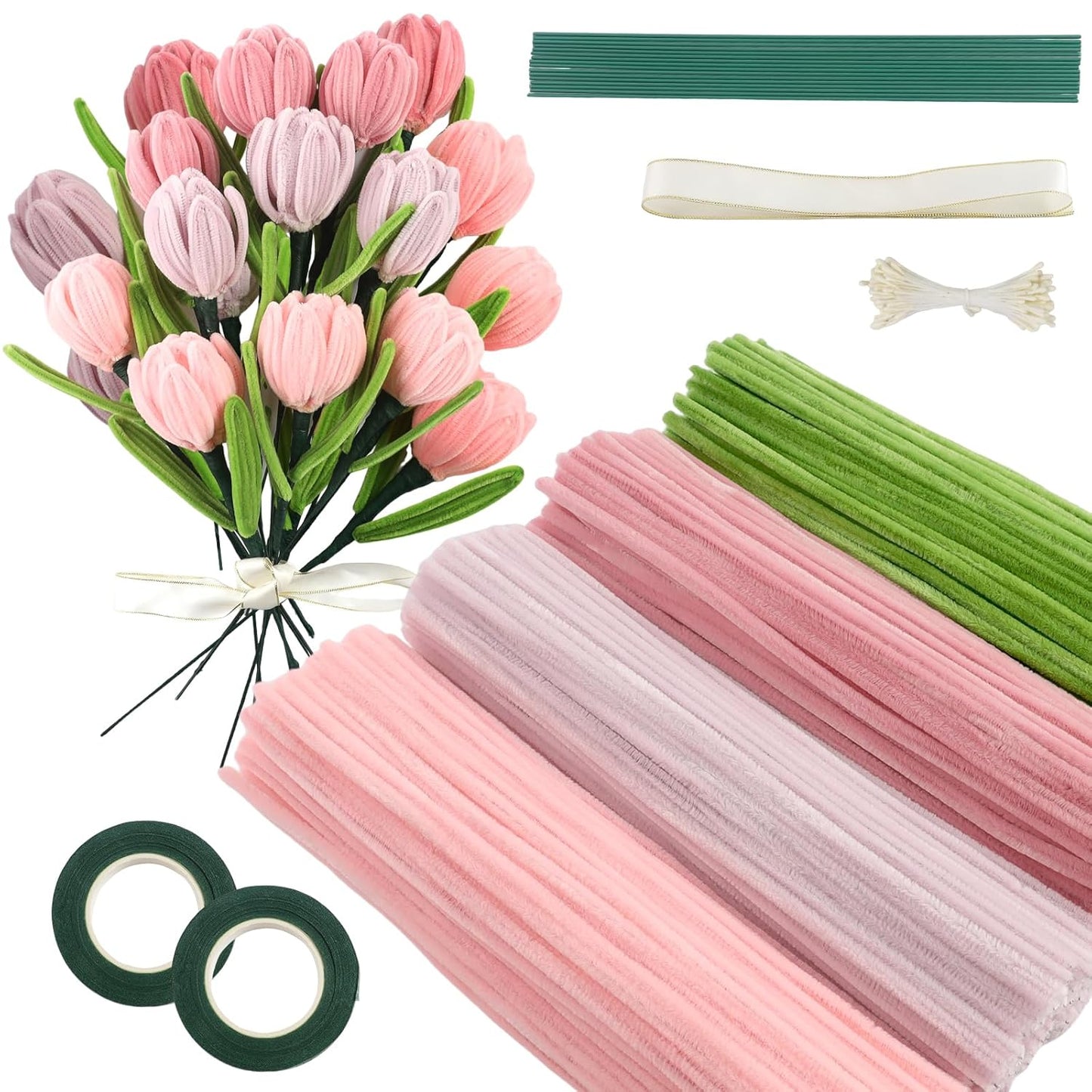Rosa Tulip Bouquet Pfeifenreiniger Set, 400 Stück Pfeifenputzer zum Basteln 4 Farben Pipe Cleaner mit 20 Stück Grünem Bastelfaden, Geschenkband, Klebeband（Dunkelrosa, Mittelrosa, Hellrosa）