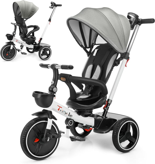 Baby Dreirad mit Schubstange, 6-in-1-Baby-Push-Bike-Lenk-Kinderwagen, Lernendes Kinderdreirad/Abnehmbare Leitplanke, Verstellbares Verdeck, Sicherheitsgurt, Stoßdämpfungsdesign