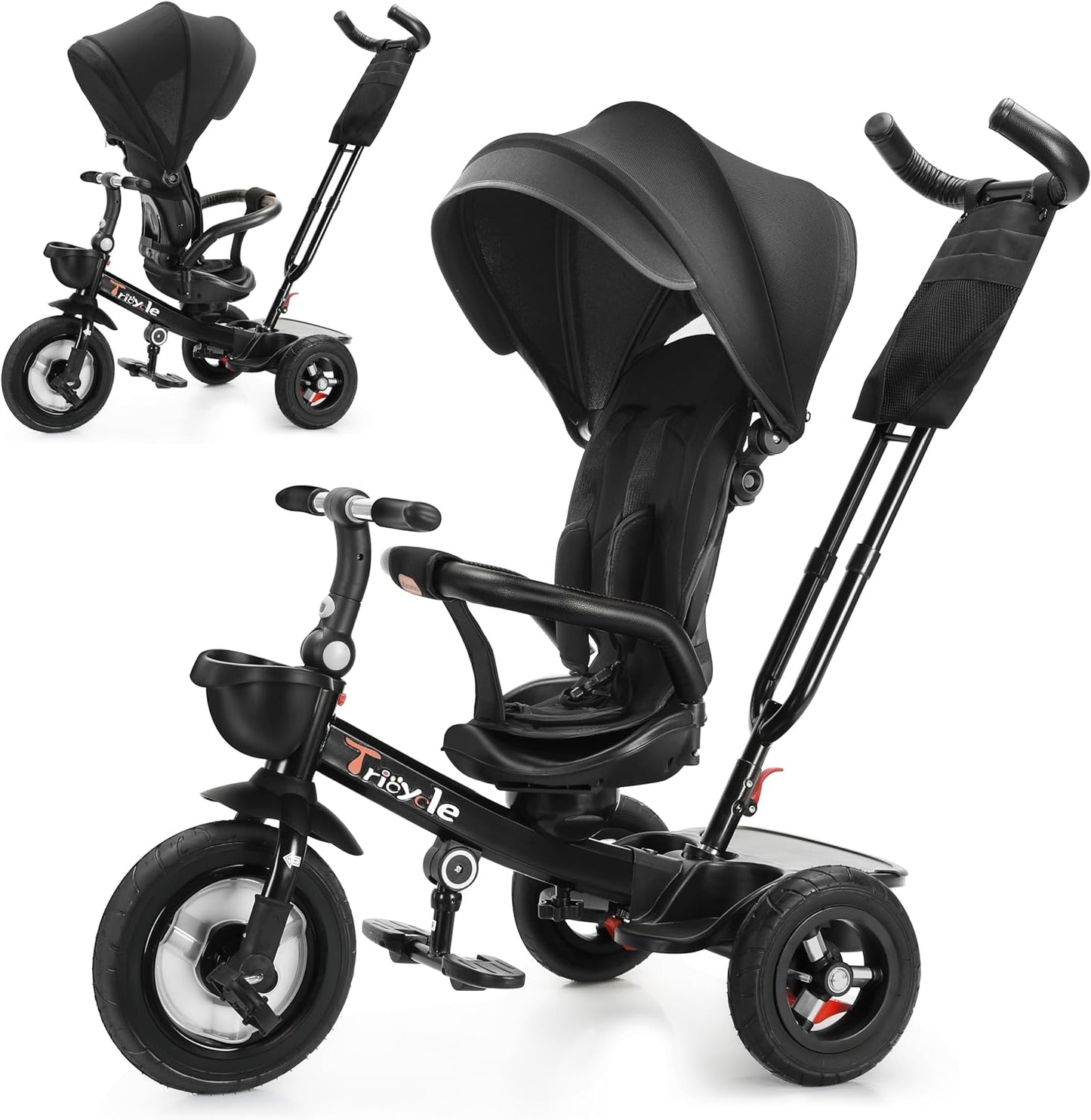 Baby Dreirad mit Schubstange, 6-in-1-Baby-Push-Bike-Lenk-Kinderwagen, Lernendes Kinderdreirad/Abnehmbare Leitplanke, Verstellbares Verdeck, Sicherheitsgurt, Stoßdämpfungsdesign