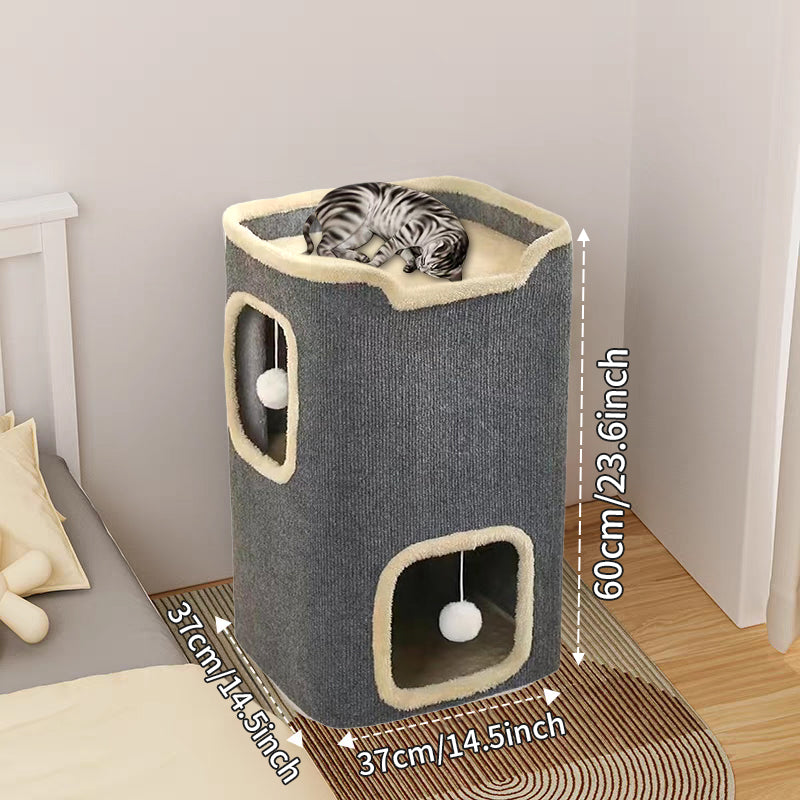 2-lagiges Katzenhaus für Hauskatzen, langlebiges Katzenwürfel-Spielhaus mit baumelnden Bällen, perfekt für mehrere Haustiere