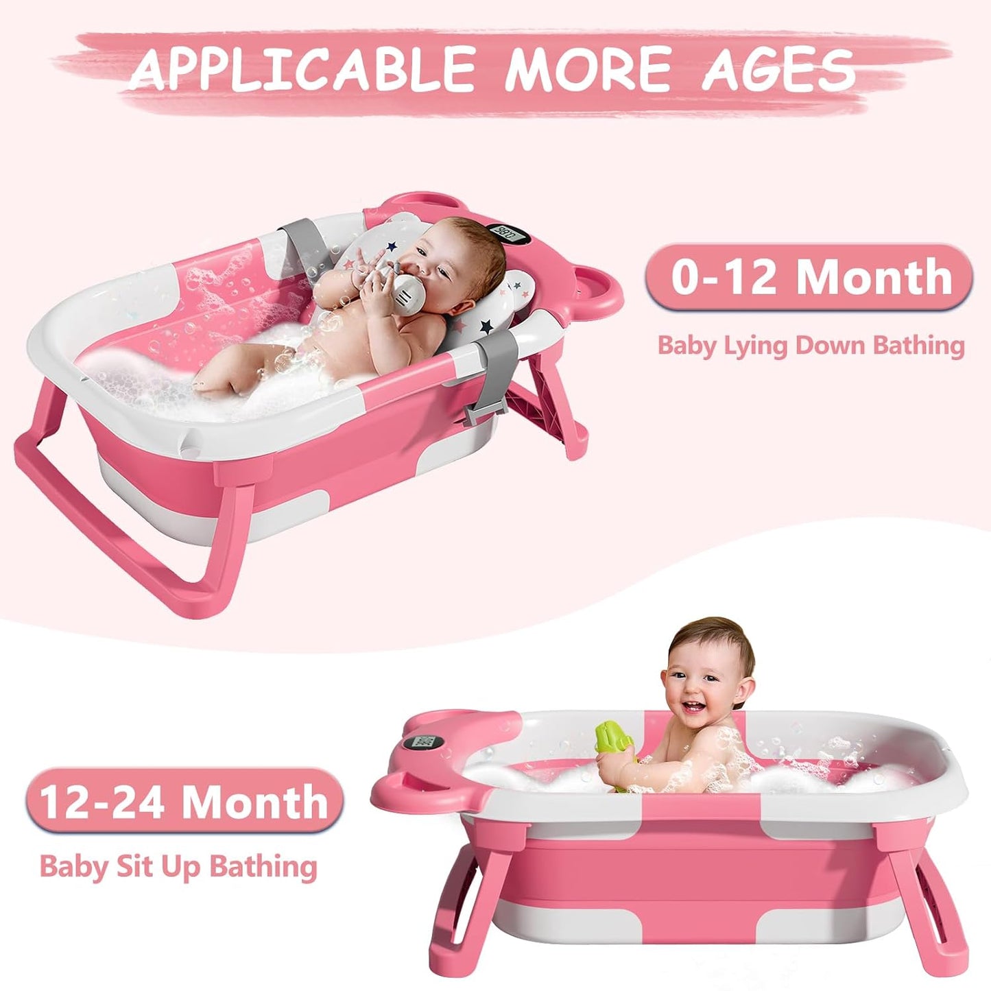 Baby Bath with Thermometer, Foldable Baby Bathtub, Non-Slip Portable Folding Bath with Seat Mat, Baby Bathtub, Baby Bathtub, Portable Travel Bathtub for Newborns from 0-36 Months baby bath tub baby bath
