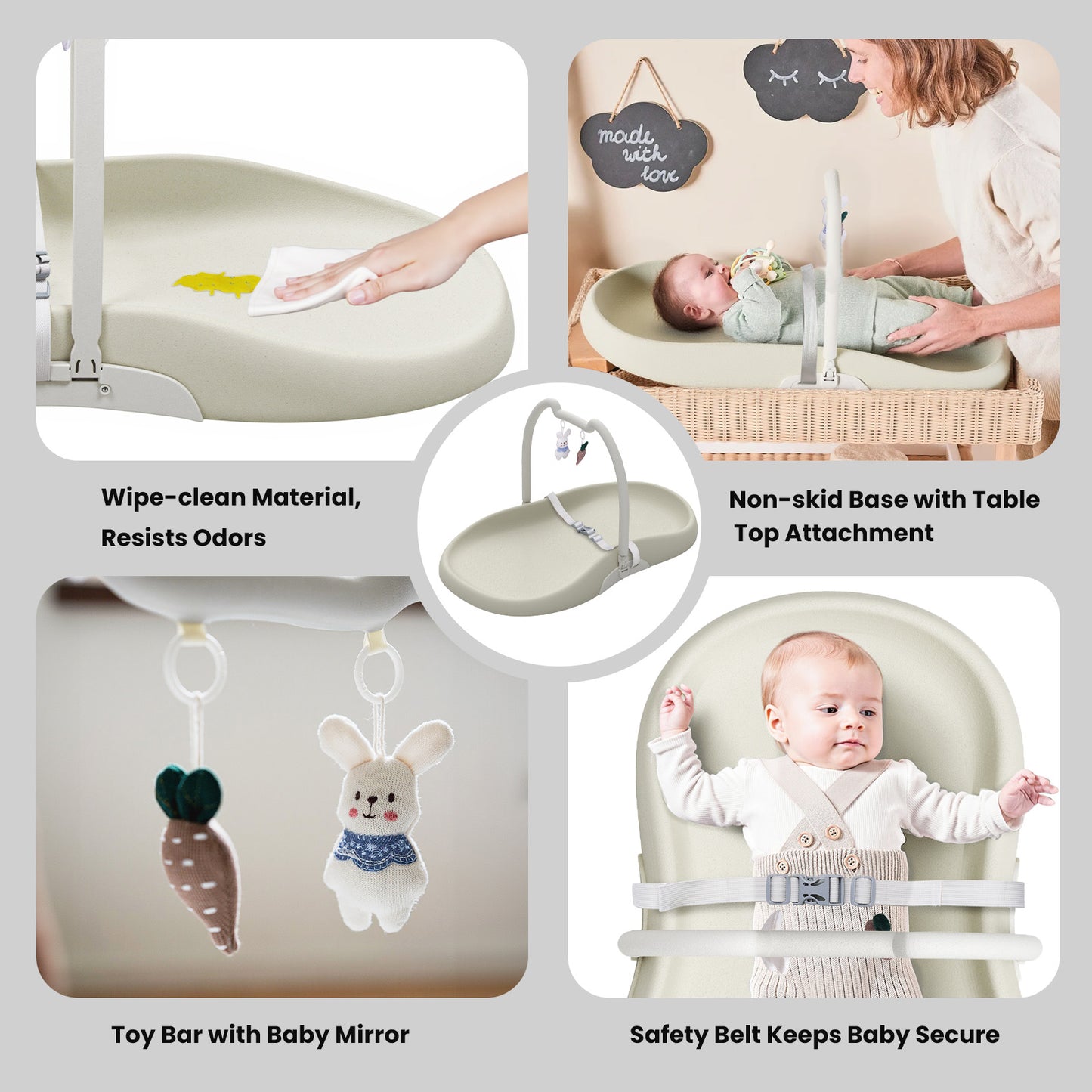 UBRAVOO Wickelunterlage mit Sicherheitsgurt und Spielzeugablage, Anti-Roll-Wickelunterlage, Leicht Abwischbar, Wasserdicht, mit Erhöhten Gepolsterten Kanten