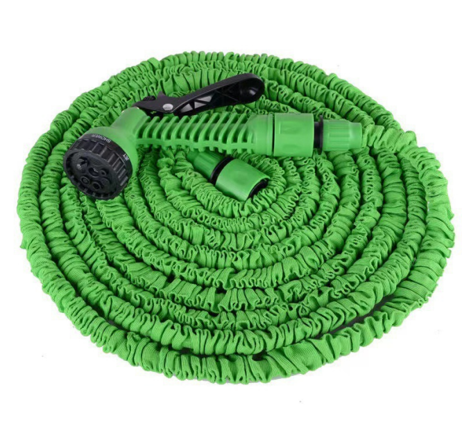 Expandable garden hose, green, with rubber coating.