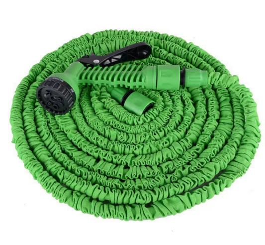 Expandable garden hose, green, with rubber coating.