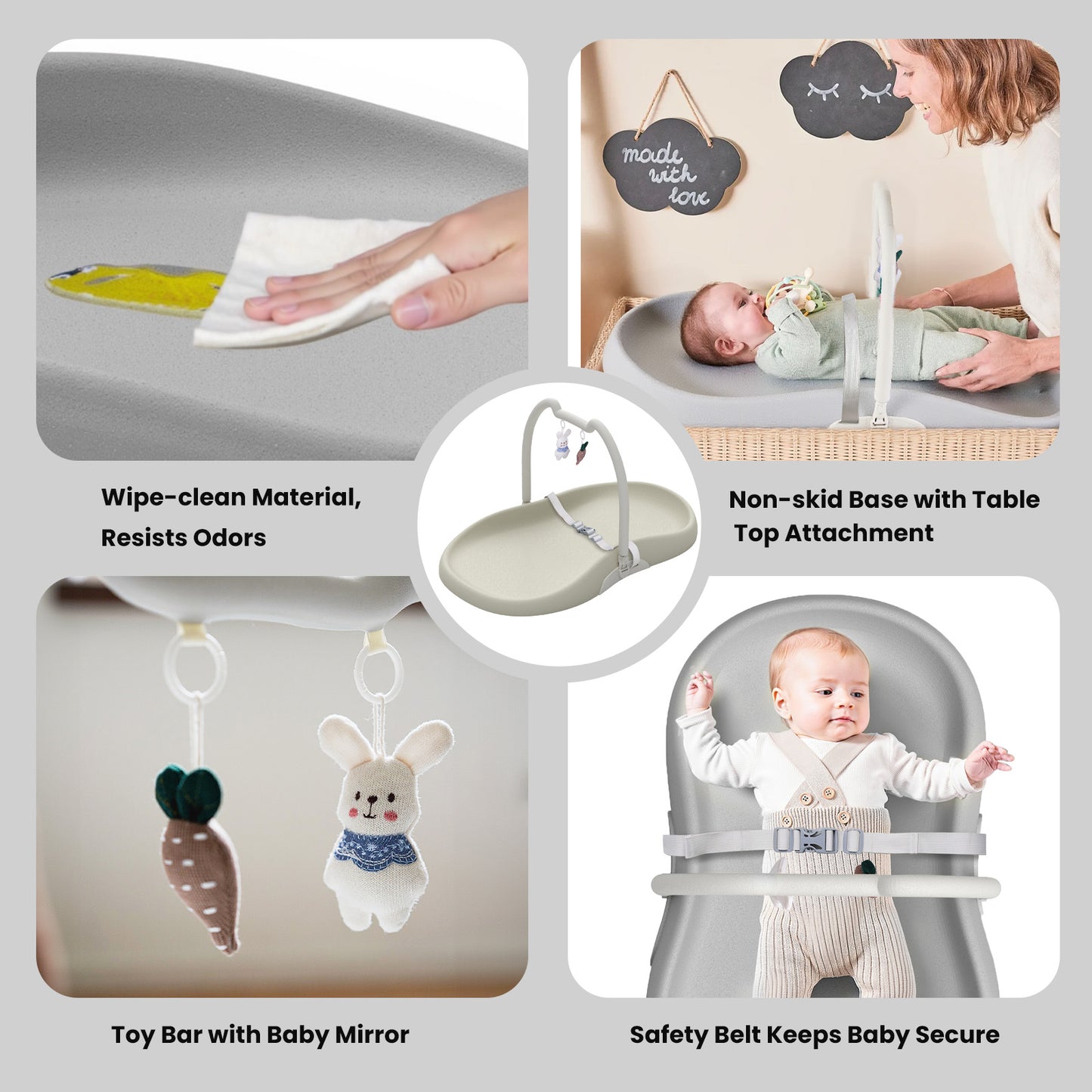 UBRAVOO Wickelunterlage mit Sicherheitsgurt und Spielzeugablage, Anti-Roll-Wickelunterlage, Leicht Abwischbar, Wasserdicht, mit Erhöhten Gepolsterten Kanten