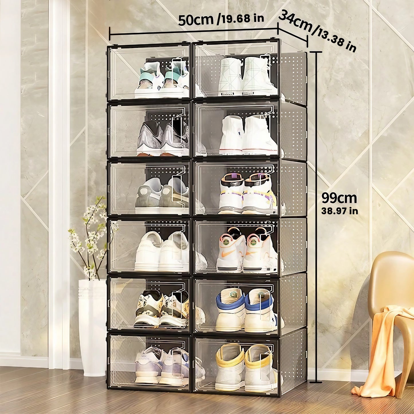 XL-Schuhaufbewahrungsboxen, Organizer für den Schrank, 12er-Pack, passend für Größe 11, durchsichtige, stapelbare Sneaker-Behälter aus Kunststoff für den Eingangsbereich, platzsparender Schuhregalhalter, Ersatz für Schubladen-Organisationseinheit