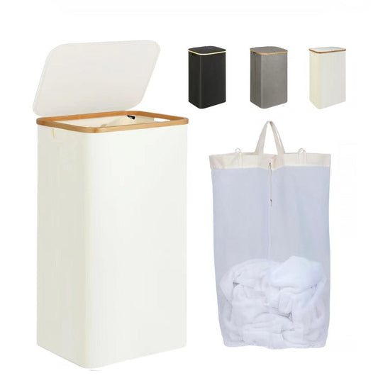 Laundry Basket with Lid, Clothes Hampers for Laundry with Bamboo Handles and A Removable Laundry Bag, Large Foldable Laundry Hamper for Bedroom, Bathroom, Dorm, Laundry Room, White
