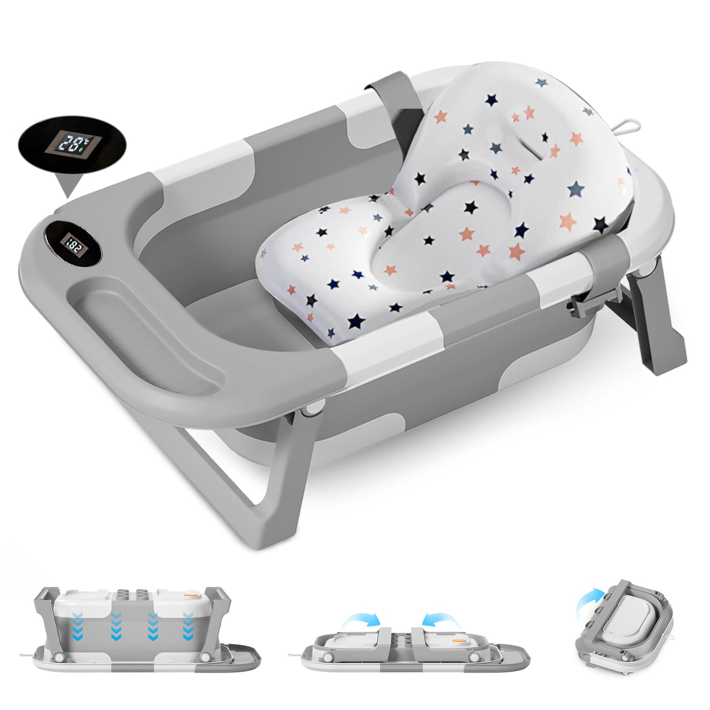 Baby Bath with Thermometer, Foldable Baby Bathtub, Non-Slip Portable Folding Bath with Seat Mat, Baby Bathtub, Baby Bathtub, Portable Travel Bathtub for Newborns from 0-36 Months baby bath tub baby bath