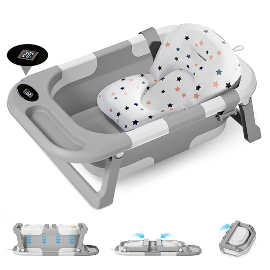 Baby Bath with Thermometer, Foldable Baby Bathtub, Non-Slip Portable Folding Bath with Seat Mat, Baby Bathtub, Baby Bathtub, Portable Travel Bathtub for Newborns from 0-36 Months baby bath tub baby bath