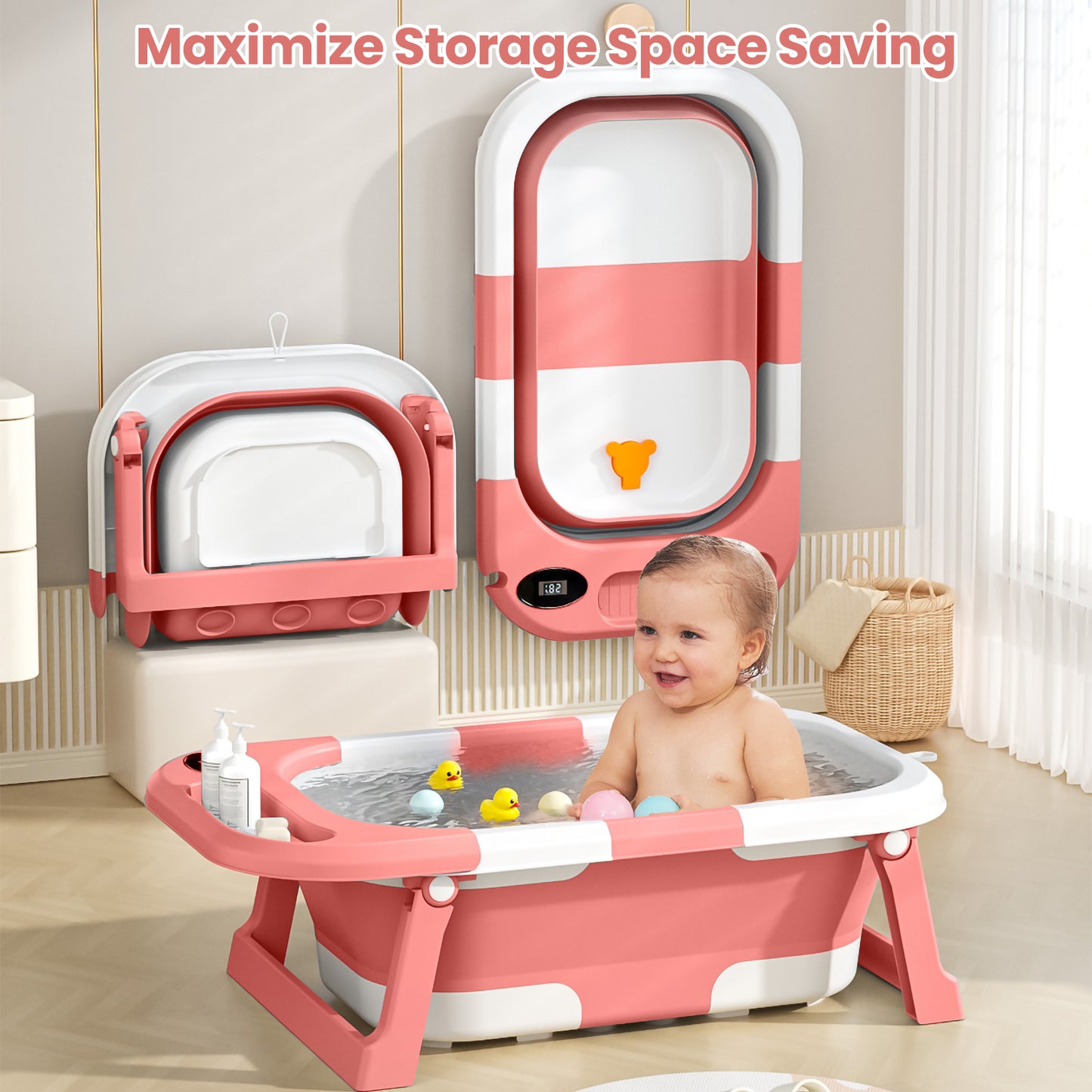 Baby Bath with Thermometer, Foldable Baby Bathtub, Non-Slip Portable Folding Bath with Seat Mat, Baby Bathtub, Baby Bathtub, Portable Travel Bathtub for Newborns from 0-36 Months baby bath tub baby bath