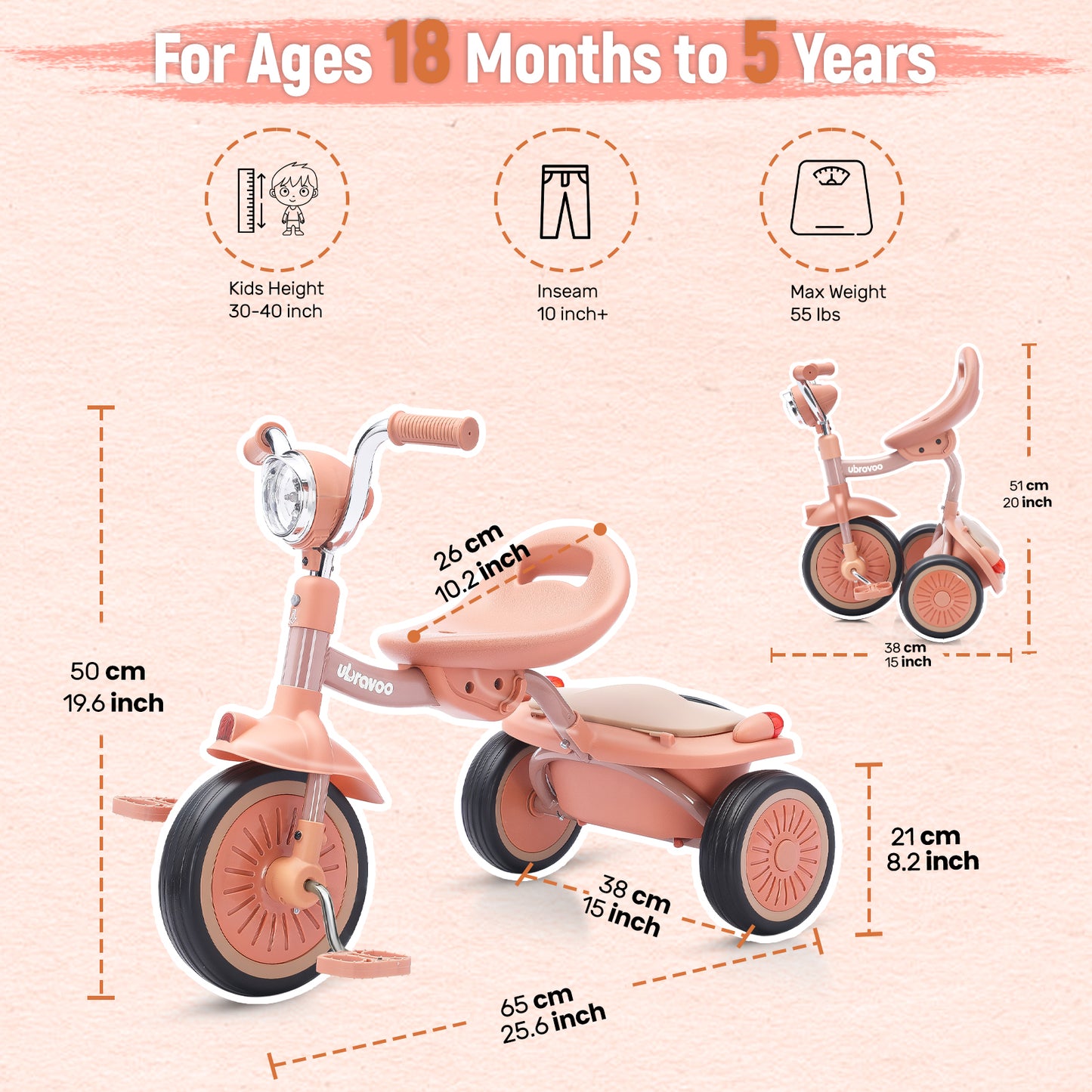 UBRAVOO Baby Dreirad, Klappbares Kleinkind-Dreirad mit Pedalen, Coole Lichter, Robuste Räder und Bequemer Sitz, Baby Erstes Lauflern-Dreirad für 1-5 Jahren im Alter Mädchen und Jungen (Blau)