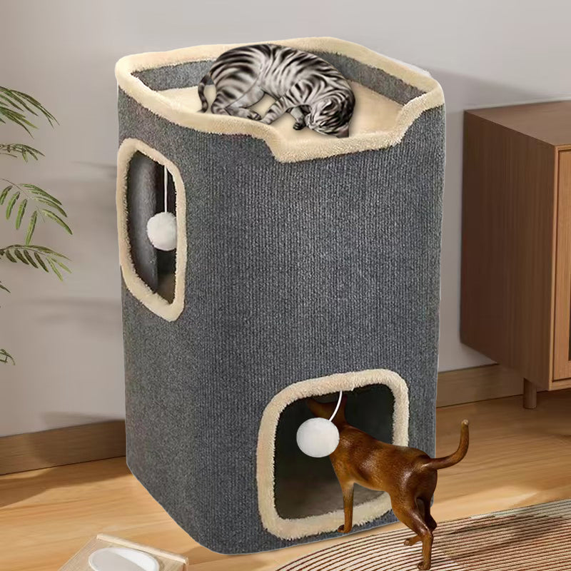 2-lagiges Katzenhaus für Hauskatzen, langlebiges Katzenwürfel-Spielhaus mit baumelnden Bällen, perfekt für mehrere Haustiere