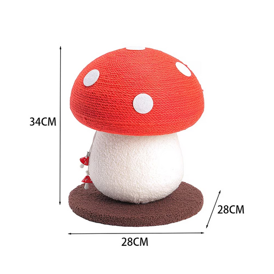 The red and white mushroom cat is climbing the pillar