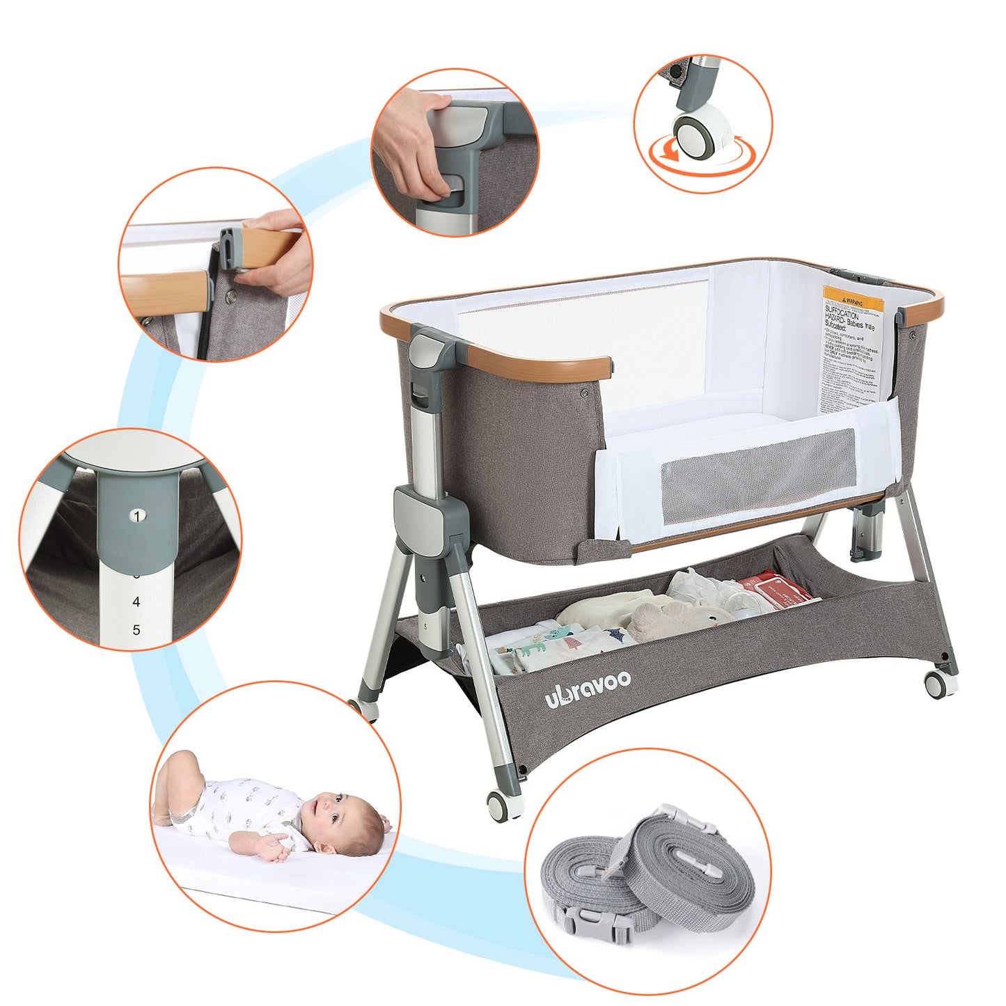 UBRAVOO Beistellbett Baby,Multifunktionales Baby Reisebett mit Matratze,Tragbares Nachtbett mit Integrierten Leisen Rädern für Kleinkinder/Neugeborene