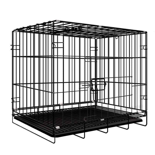 Foldable Dog Cage with Leak Proof Tray, 30 - Inch Double Door Metal Pets Training Crate, Heavy Duty Chew Resistant Plastic Base Pan, (76 X 45 X 52 Cm), Black